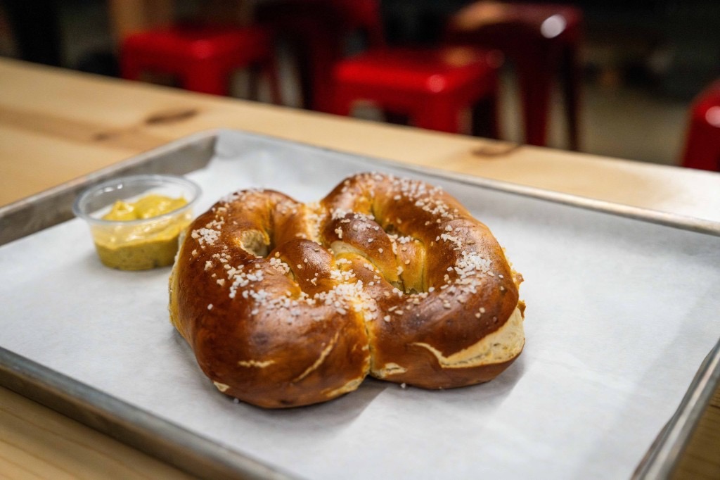 Philly soft pretzel with mustard at Axe Thro Co