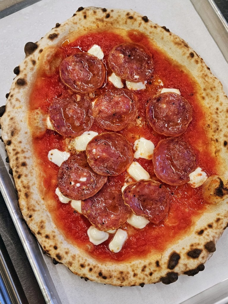 Pepperoni pizza from the wood-fired oven